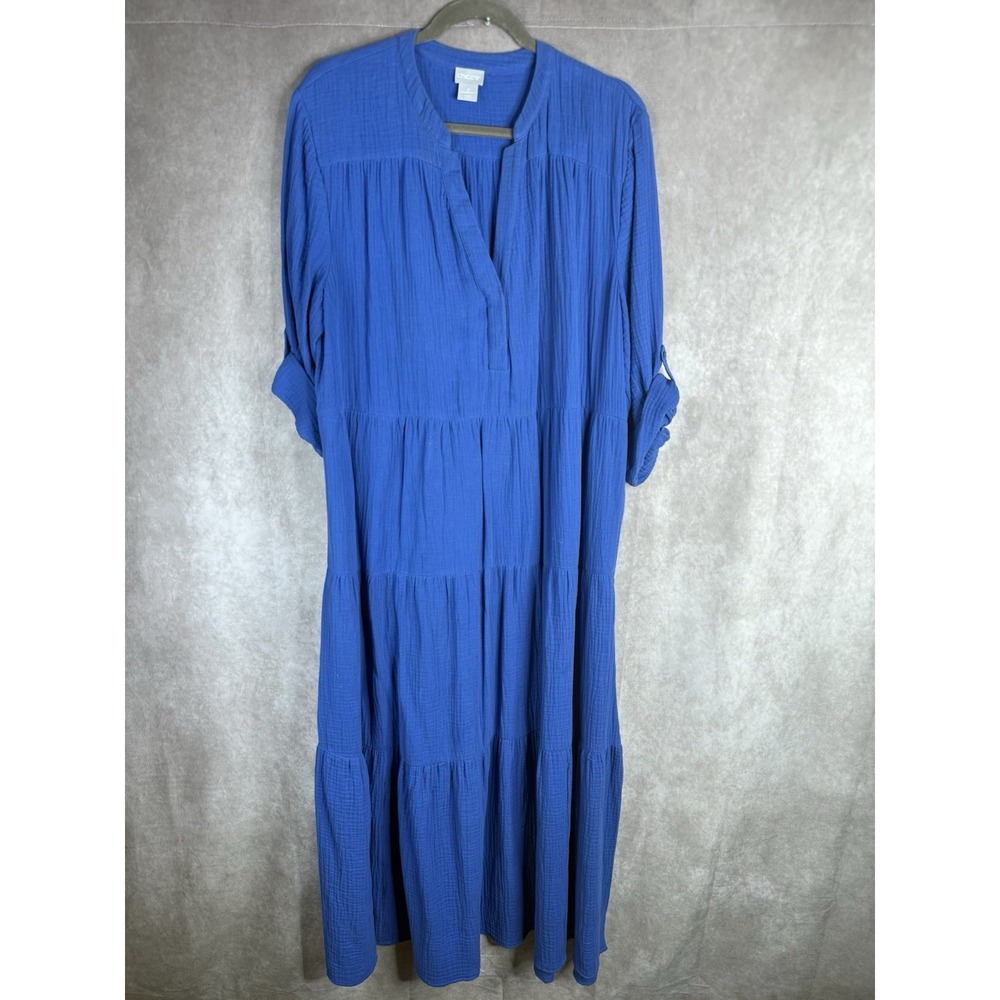 Chico's Cotton Gauze Tiered Roll Tab Sleeve Maxi Dress In Blue Size 3 US 16/18